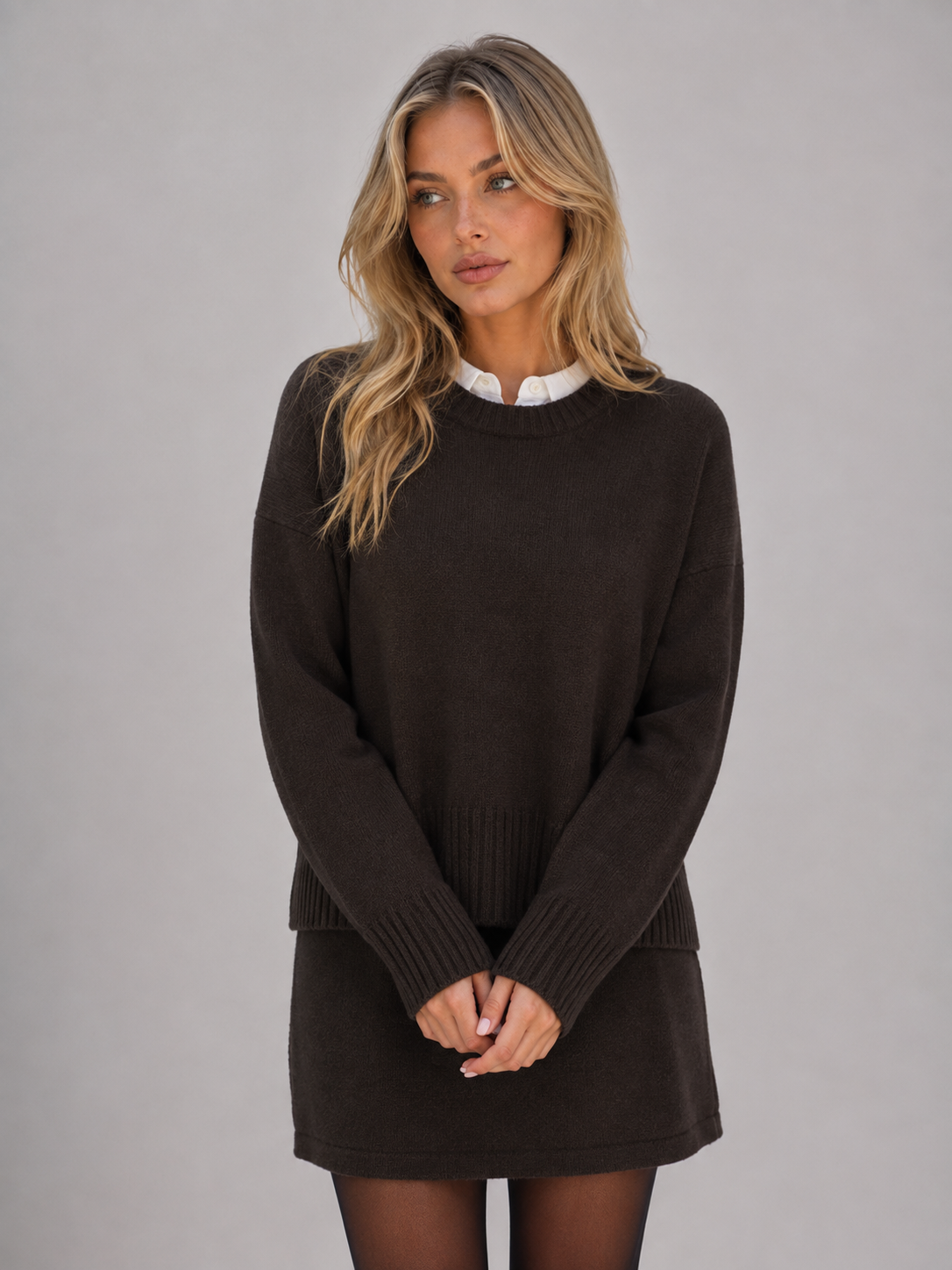 Lorna Two-Piece Knit Sweater Skirt Set - Brown