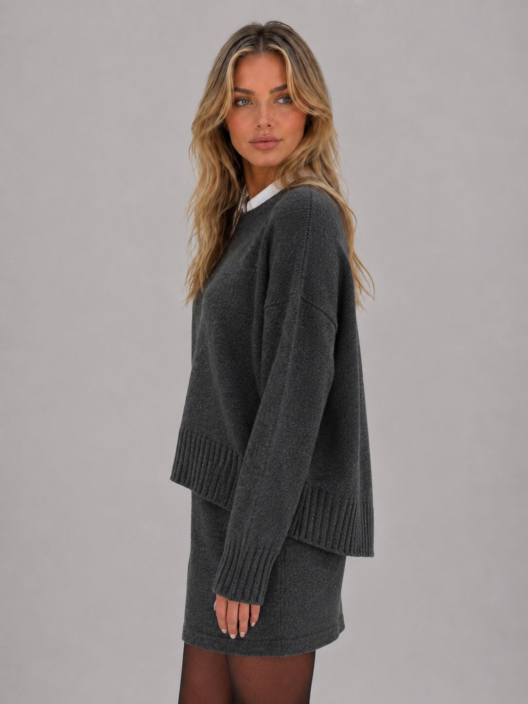 Lorna Two-Piece Knit Sweater Skirt Set - Gray