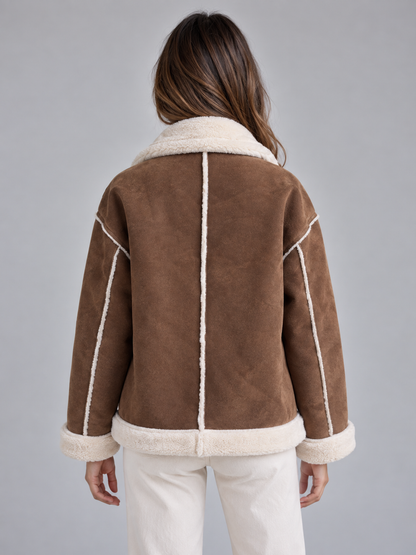 Loveday Button Front Faux Shearling Jacket - Brown