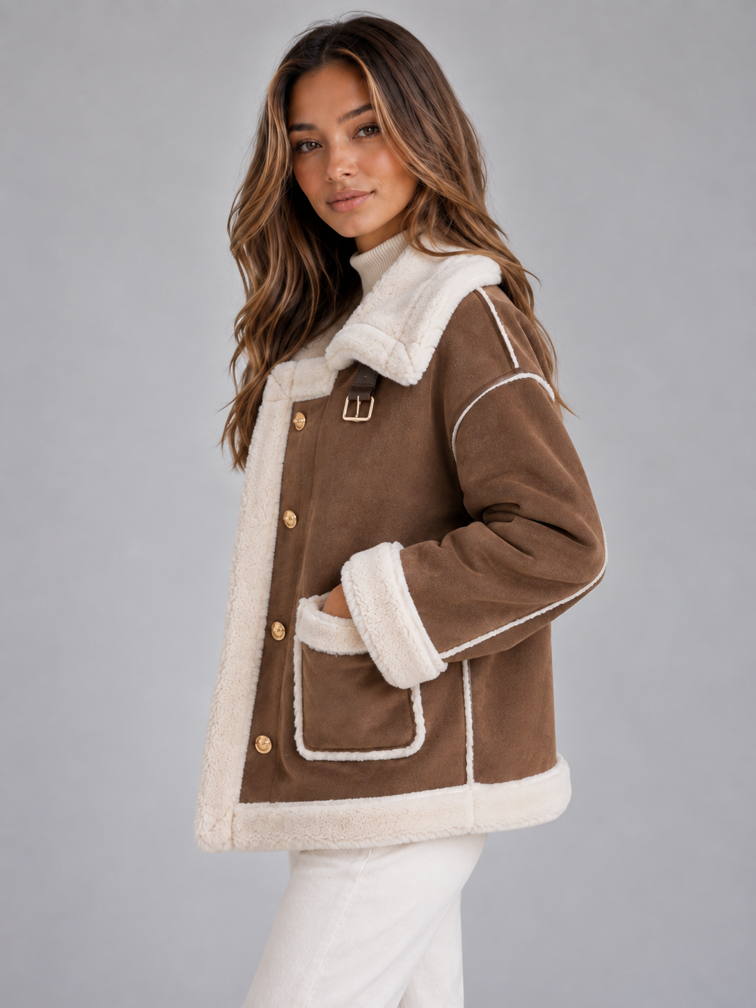 Loveday Button Front Faux Shearling Jacket - Brown