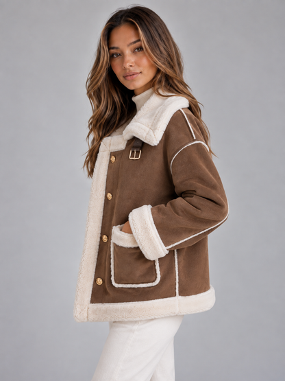 Loveday Button Front Faux Shearling Jacket - Brown
