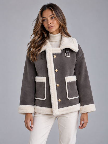 Loveday Button Front Faux Shearling Jacket - Gray