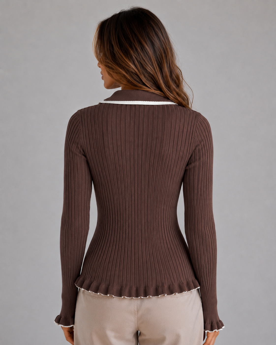 Lovina Ribbed Polo Fitted Sweater - Brown