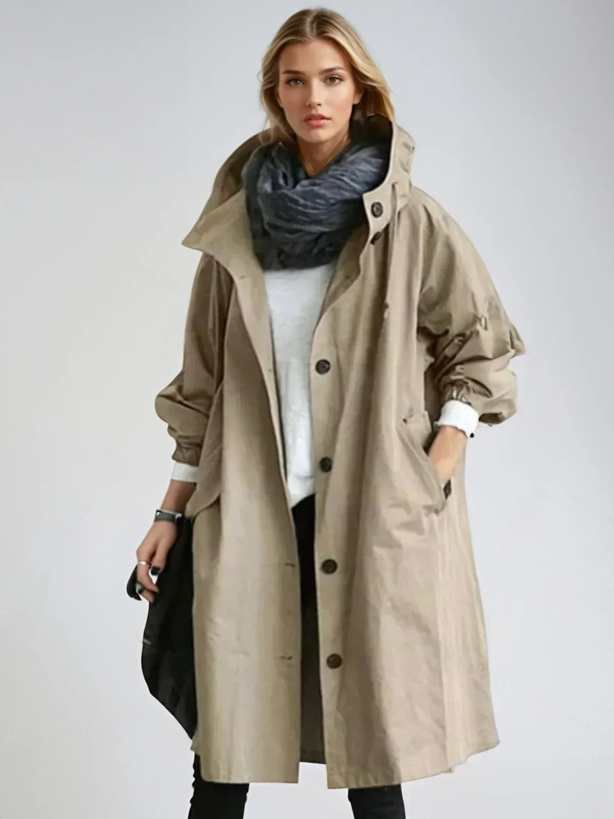 Luana Oversized Hooded Longline Raincoat - Beige