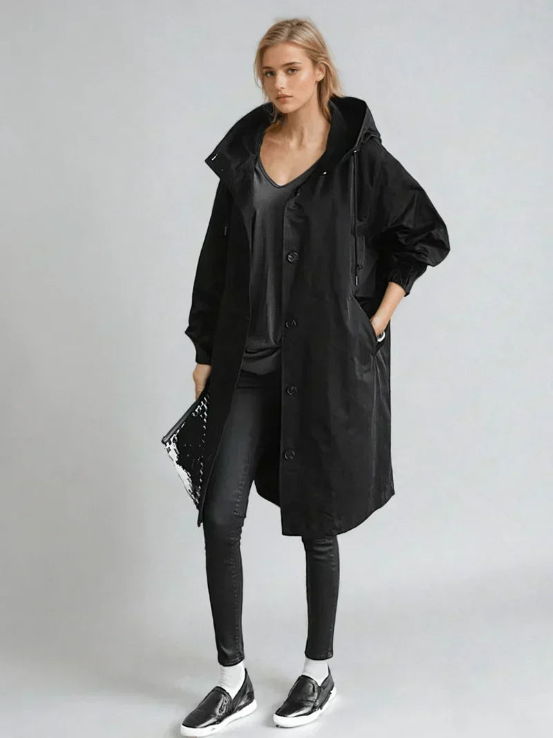 Luana Oversized Hooded Longline Raincoat - Black