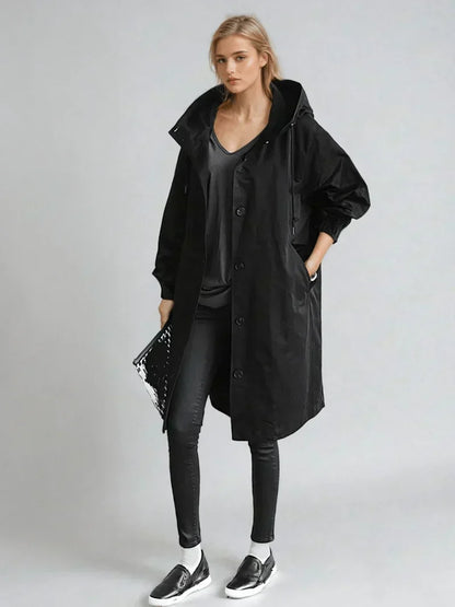 Luana Oversized Hooded Longline Raincoat - Black