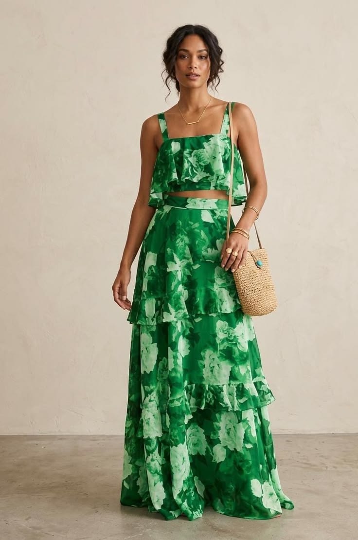 Lulu Floral Cami Ruffle Maxi Skirt Set - Green Floral