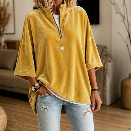 Lysette Half-Zip Funnel Neck Velour Pullover - Mustard Yellow