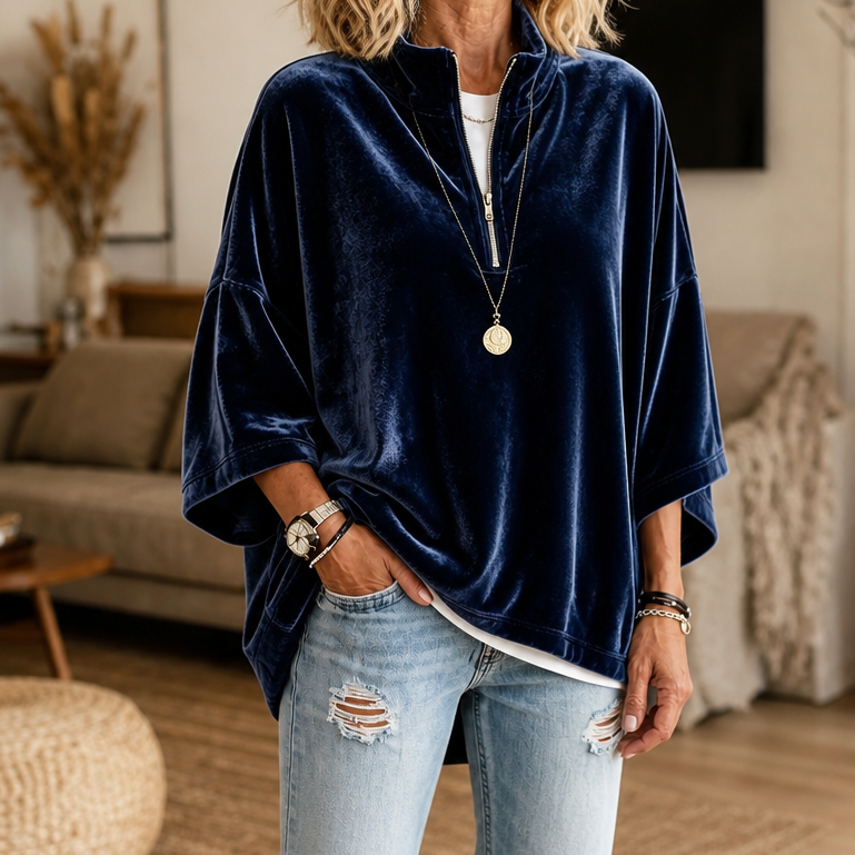 Lysette Half-Zip Funnel Neck Velour Pullover - Navy