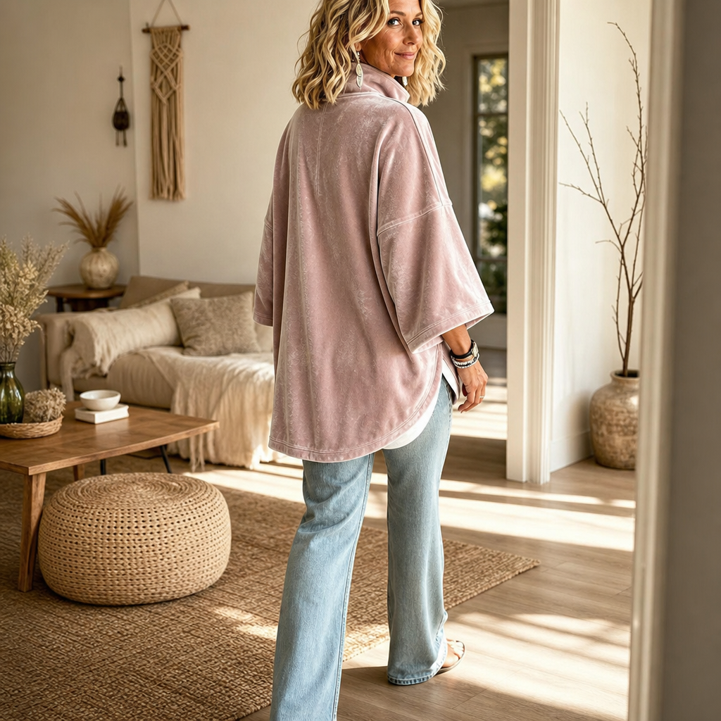 Lysette Half-Zip Funnel Neck Velour Pullover - Pink