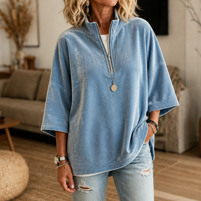 Lysette Half-Zip Funnel Neck Velour Pullover - Sky Blue