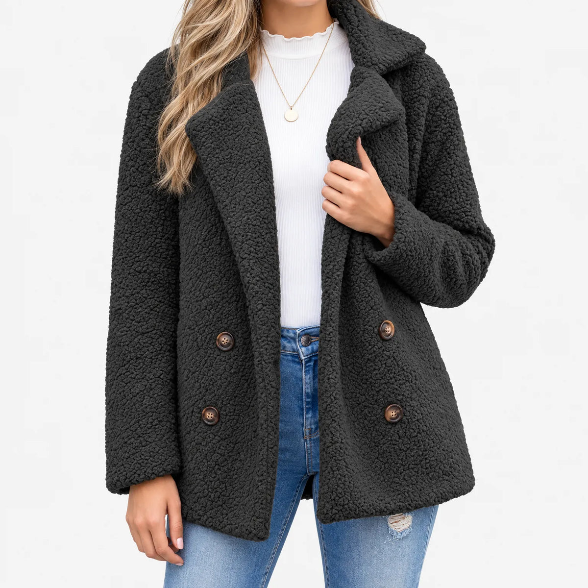 Mabry Teddy Double Breasted Coat - Black