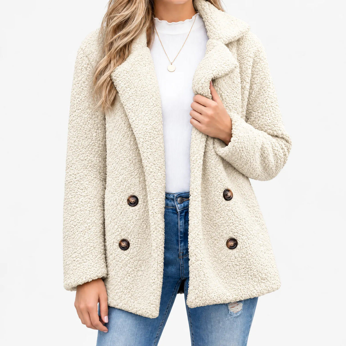 Mabry Teddy Double Breasted Coat - Cream