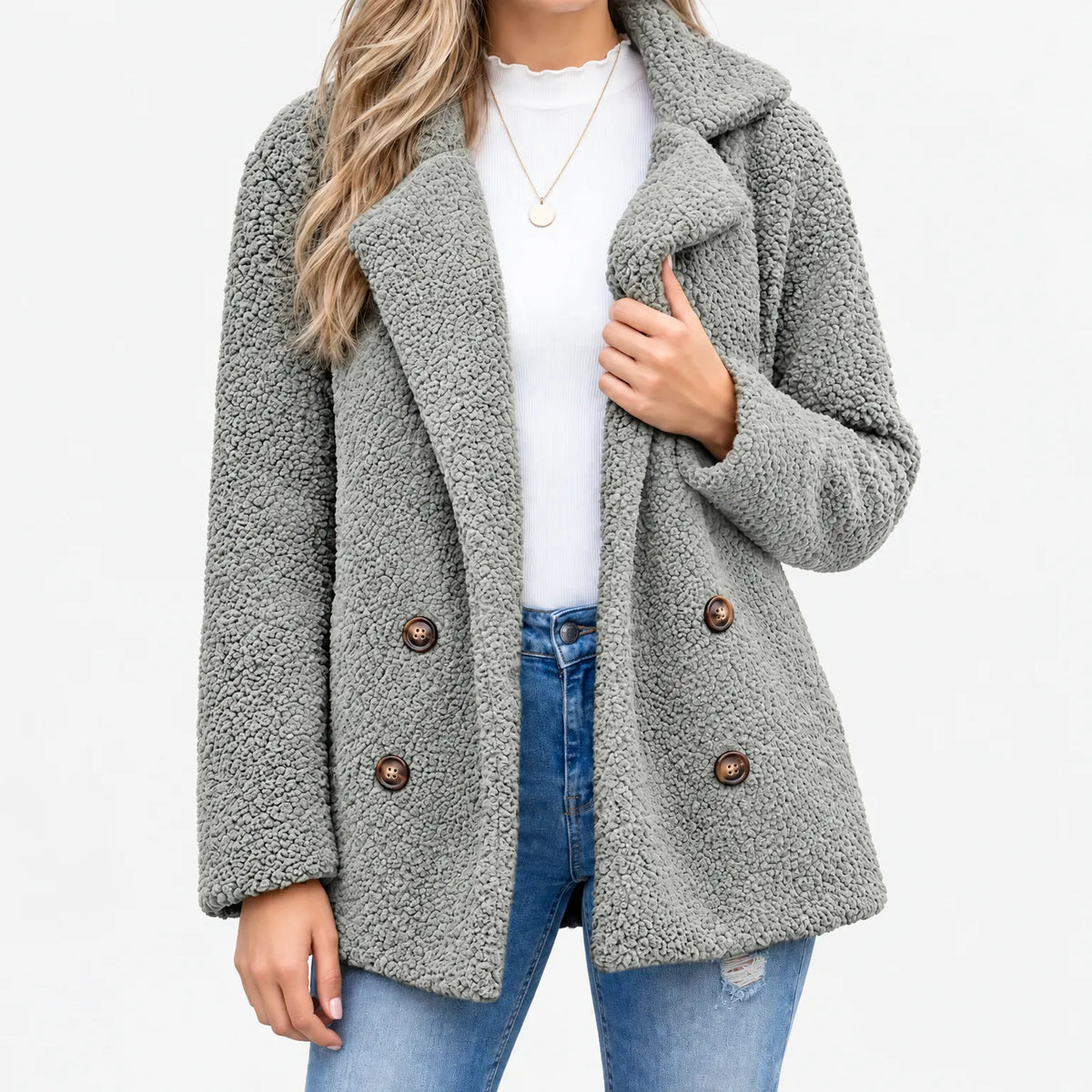 Mabry Teddy Double Breasted Coat - Light Gray