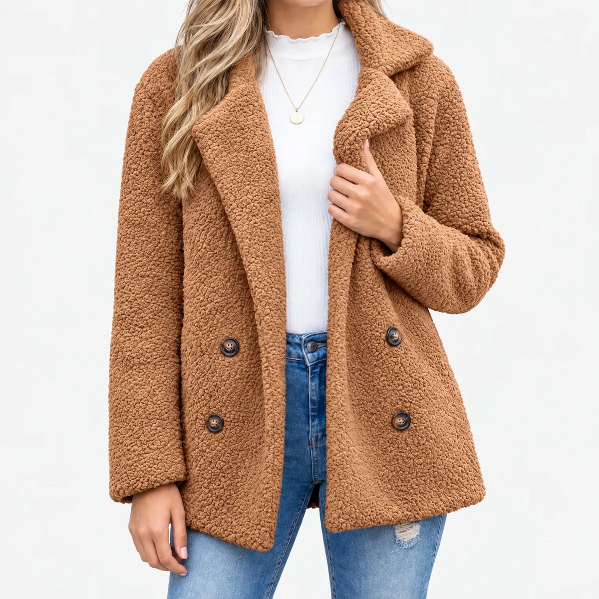 Mabry Teddy Double Breasted Coat - Rust Brown
