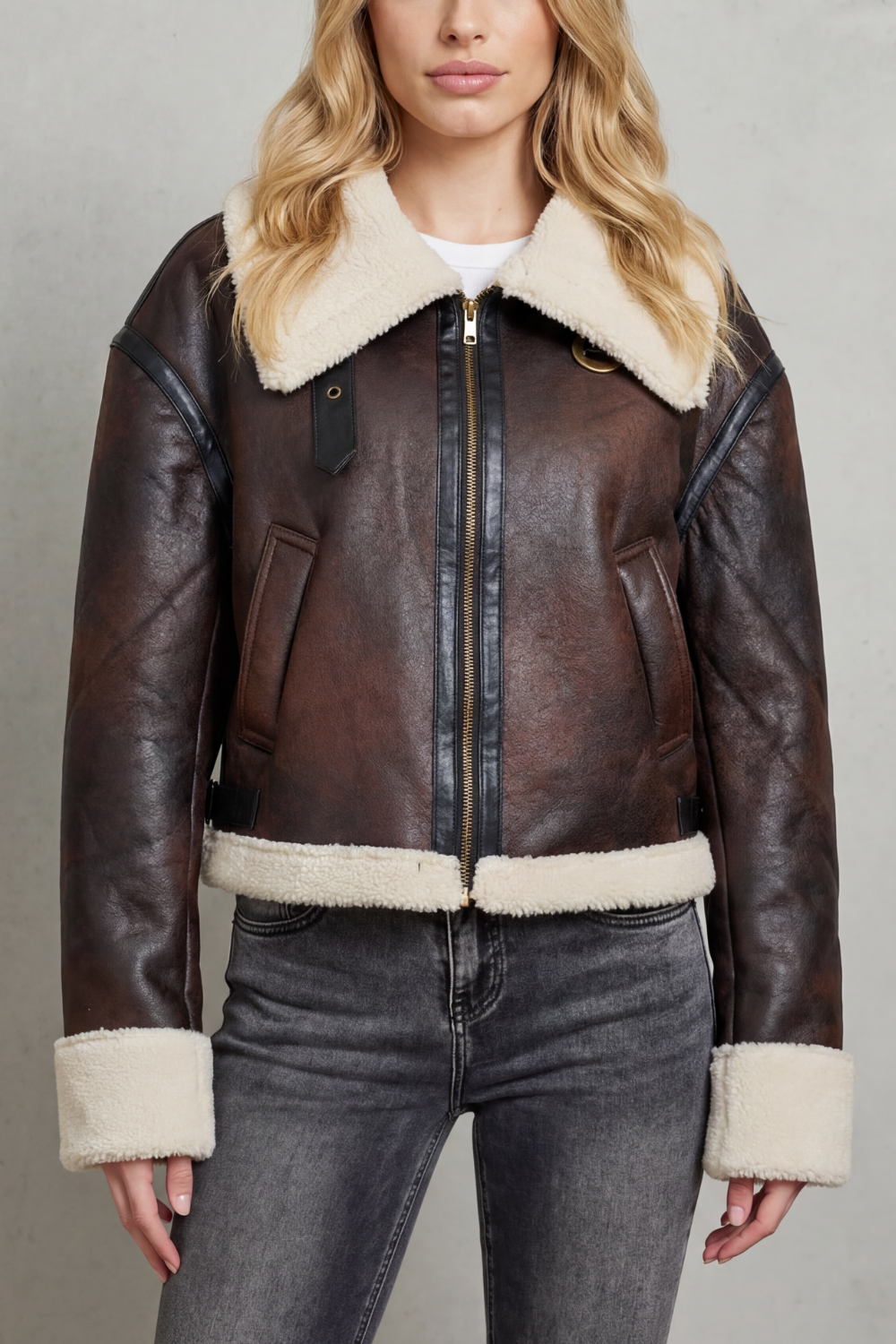 Magen Shearling Trim Cropped Aviator Jacket