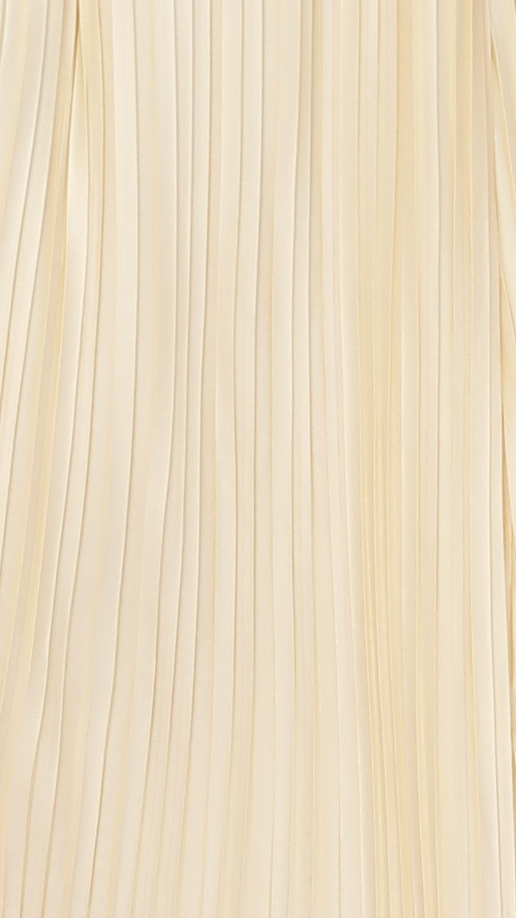 Cream pleated maxi dress full length front view with halter strap detail