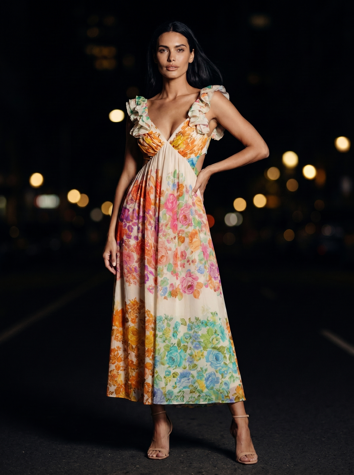 Malin Ruffle Strap Floral Maxi Dress - Ivory Floral