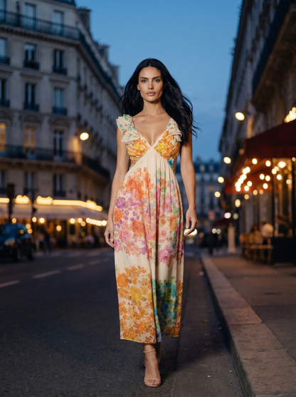 Malin Ruffle Strap Floral Maxi Dress - Ivory Floral