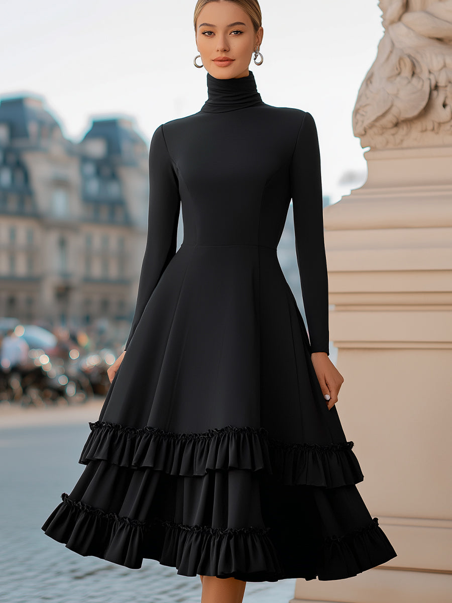 Marcy Turtleneck Tiered Ruffle Midi Dress - Black