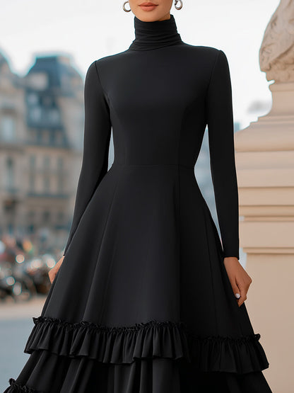 Marcy Turtleneck Tiered Ruffle Midi Dress - Black