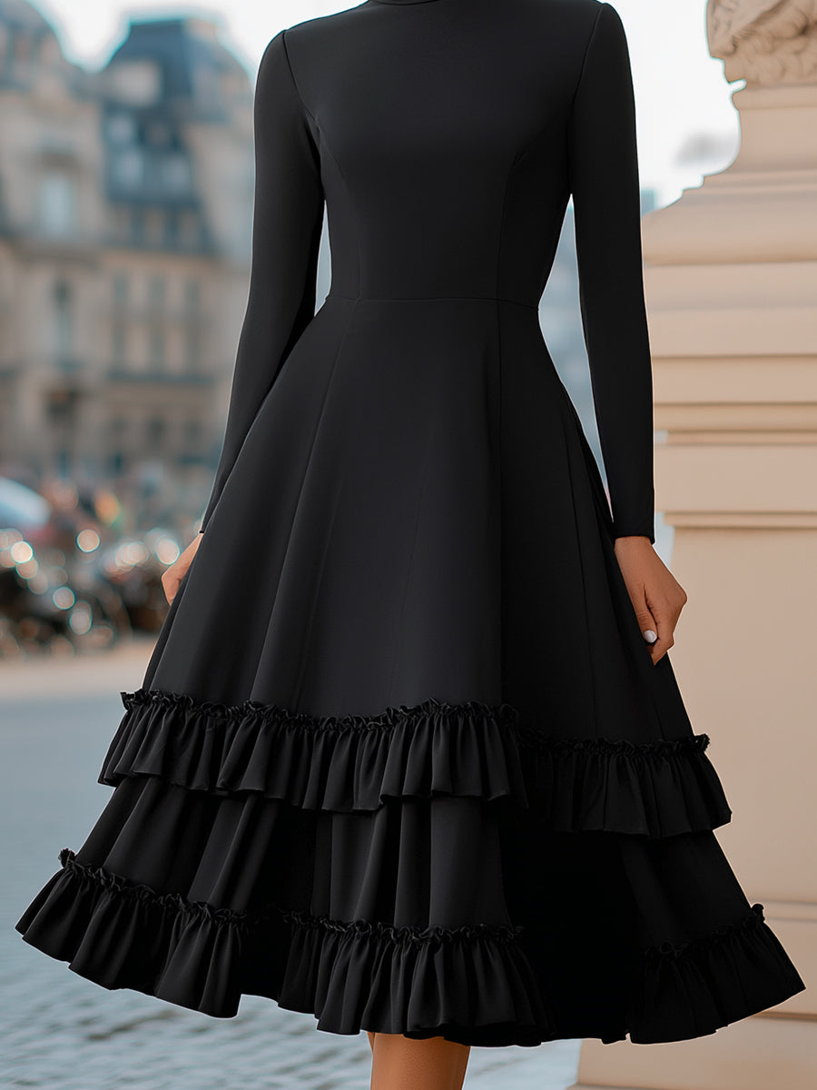 Marcy Turtleneck Tiered Ruffle Midi Dress - Black