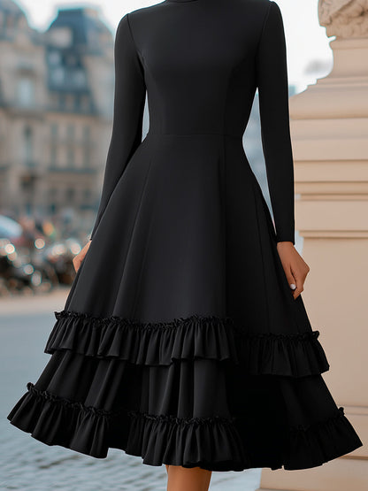 Marcy Turtleneck Tiered Ruffle Midi Dress - Black