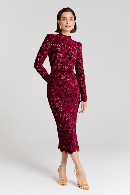 Burgundy floral lace midi dress full length with scalloped hem for women