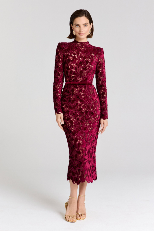 Burgundy lace midi dress with long sleeves and high neckline for women
