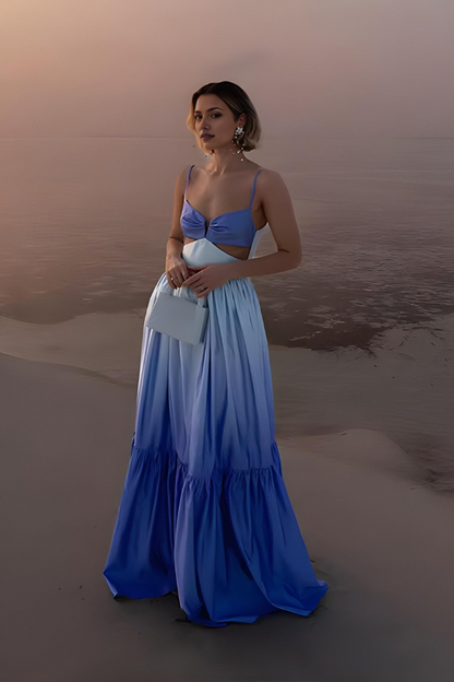 Blue ombre maxi dress with sweetheart neckline and side cutouts for women, front view