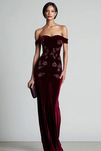 Marielle Off-Shoulder Velvet Gown - Burgundy