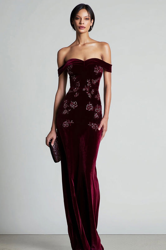 Marielle Off-Shoulder Velvet Gown - Burgundy