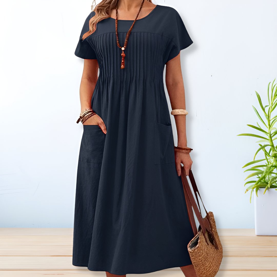 Navy blue casual maxi dress with pleated chest and functional pockets for women