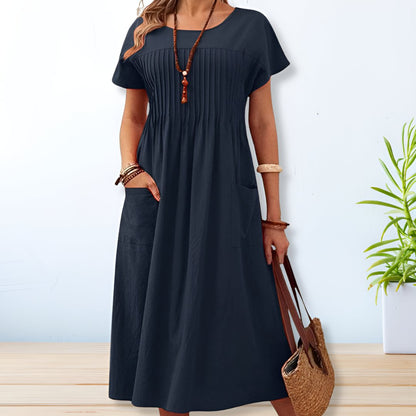 Navy blue casual maxi dress with pleated chest and functional pockets for women