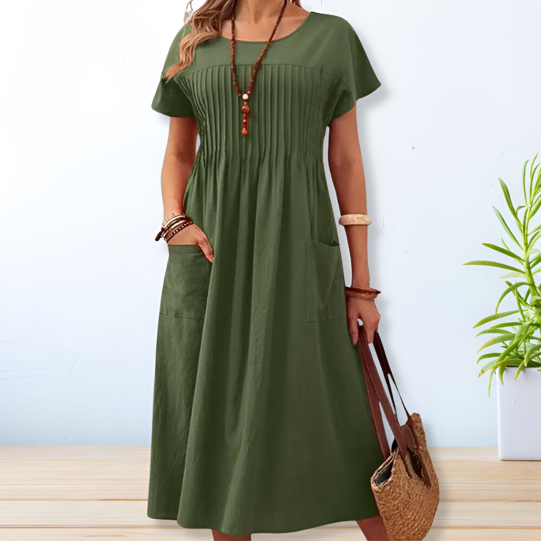 Sage green pleated maxi dress with short sleeves and side pockets for women