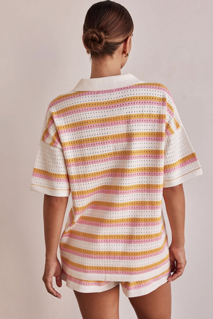 Back view of collared button-front striped top with short sleeves and matching shorts
