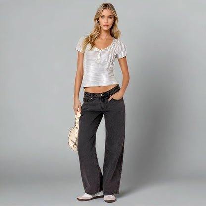 Charcoal gray wide leg jeans with mid-rise waist and full-length straight leg