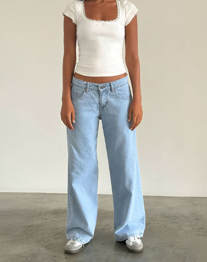 Light wash wide leg jeans with high rise and spacious leg opening