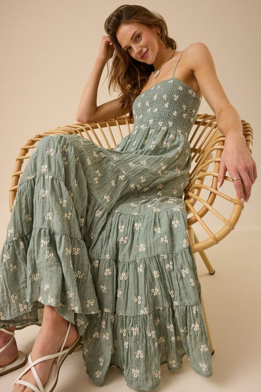 Marisa Embroidered Tiered Maxi Dress - Sage
