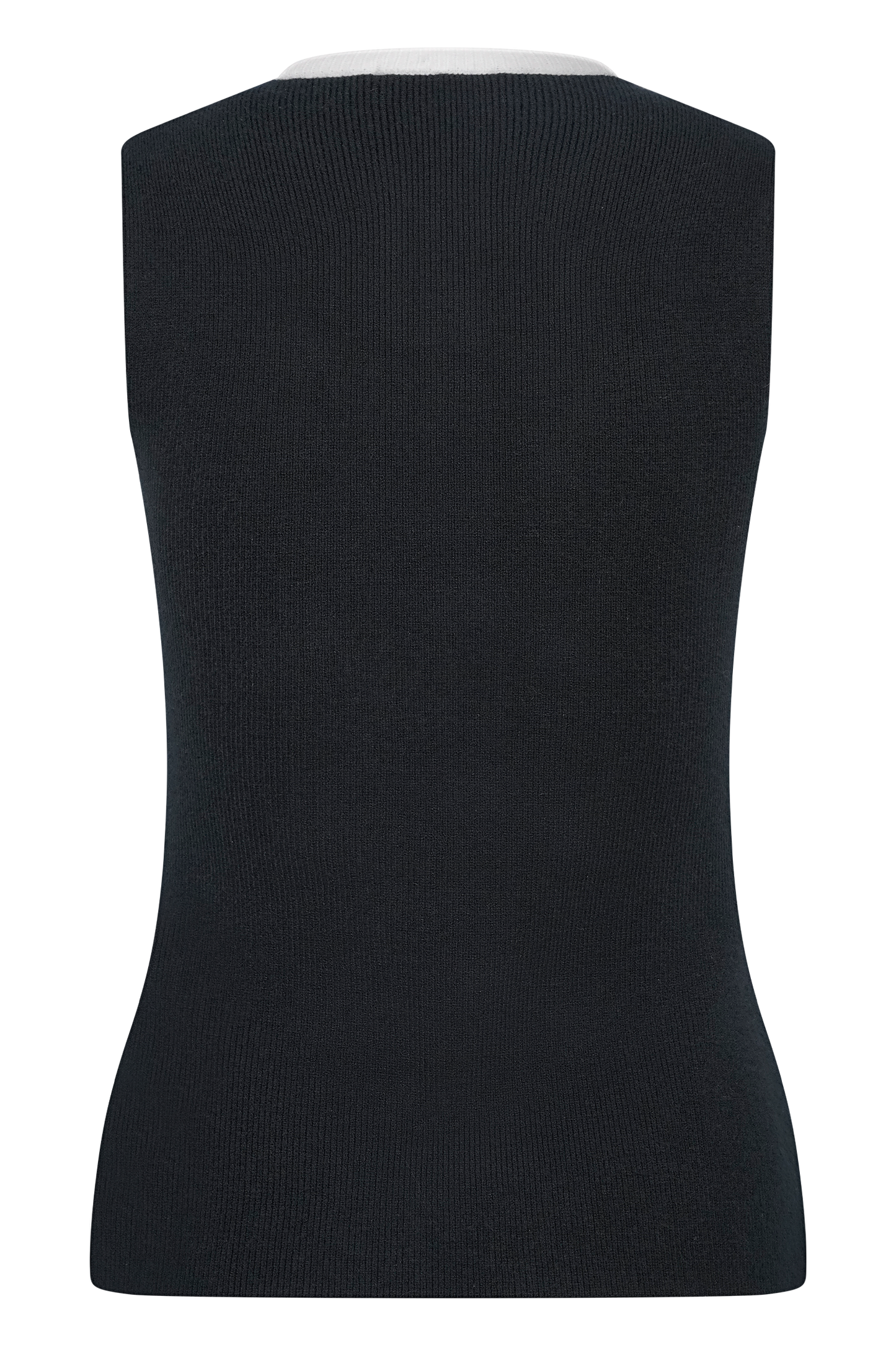 Black sleeveless knit vest back view with white neckline trim