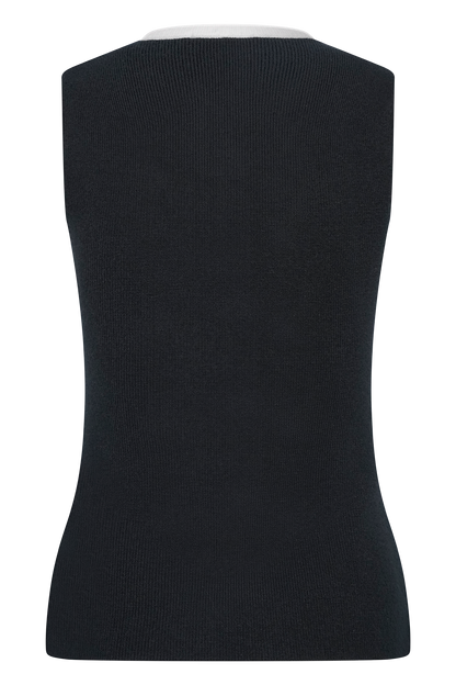 Black sleeveless knit vest back view with white neckline trim