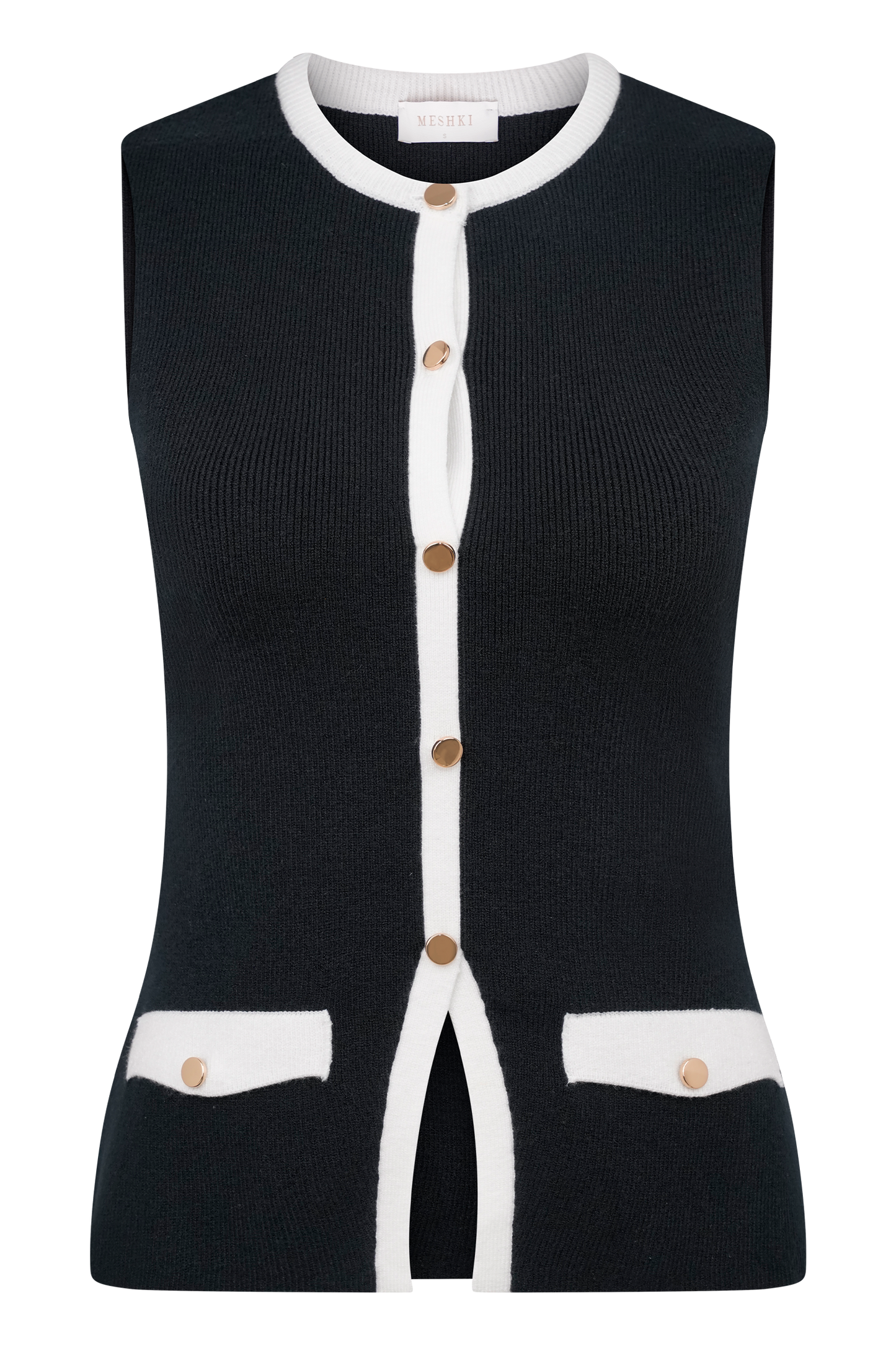 Black knit vest front with white stripe, buttons, and pocket accents