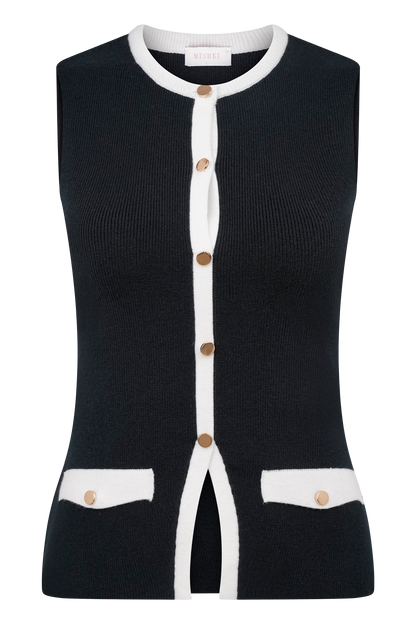 Black knit vest front with white stripe, buttons, and pocket accents