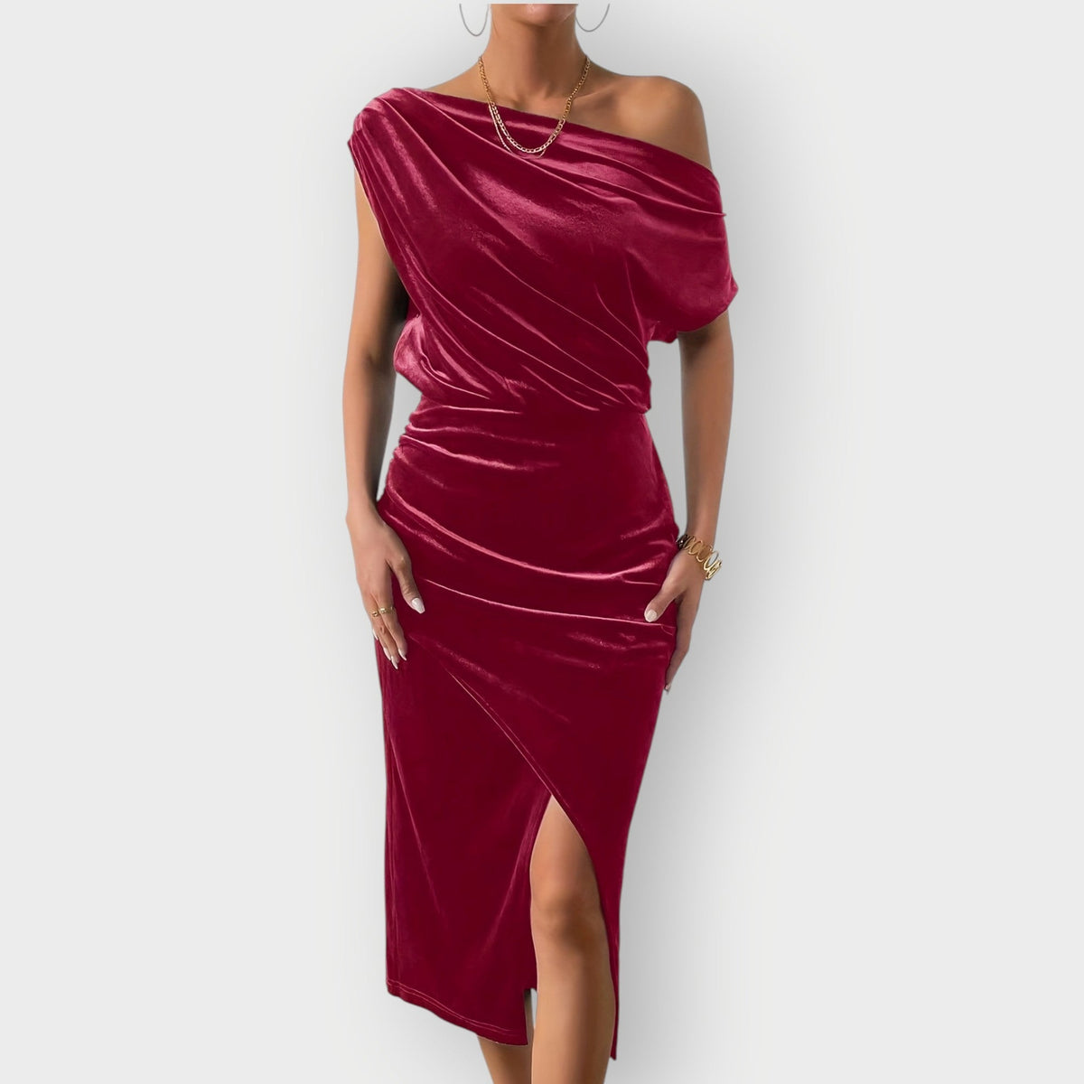 Meira Off Shoulder Ruched Midi Dress - Burgundy