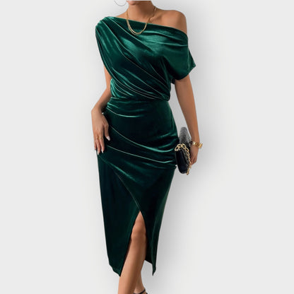 Meira Off Shoulder Ruched Midi Dress - Emerald Green