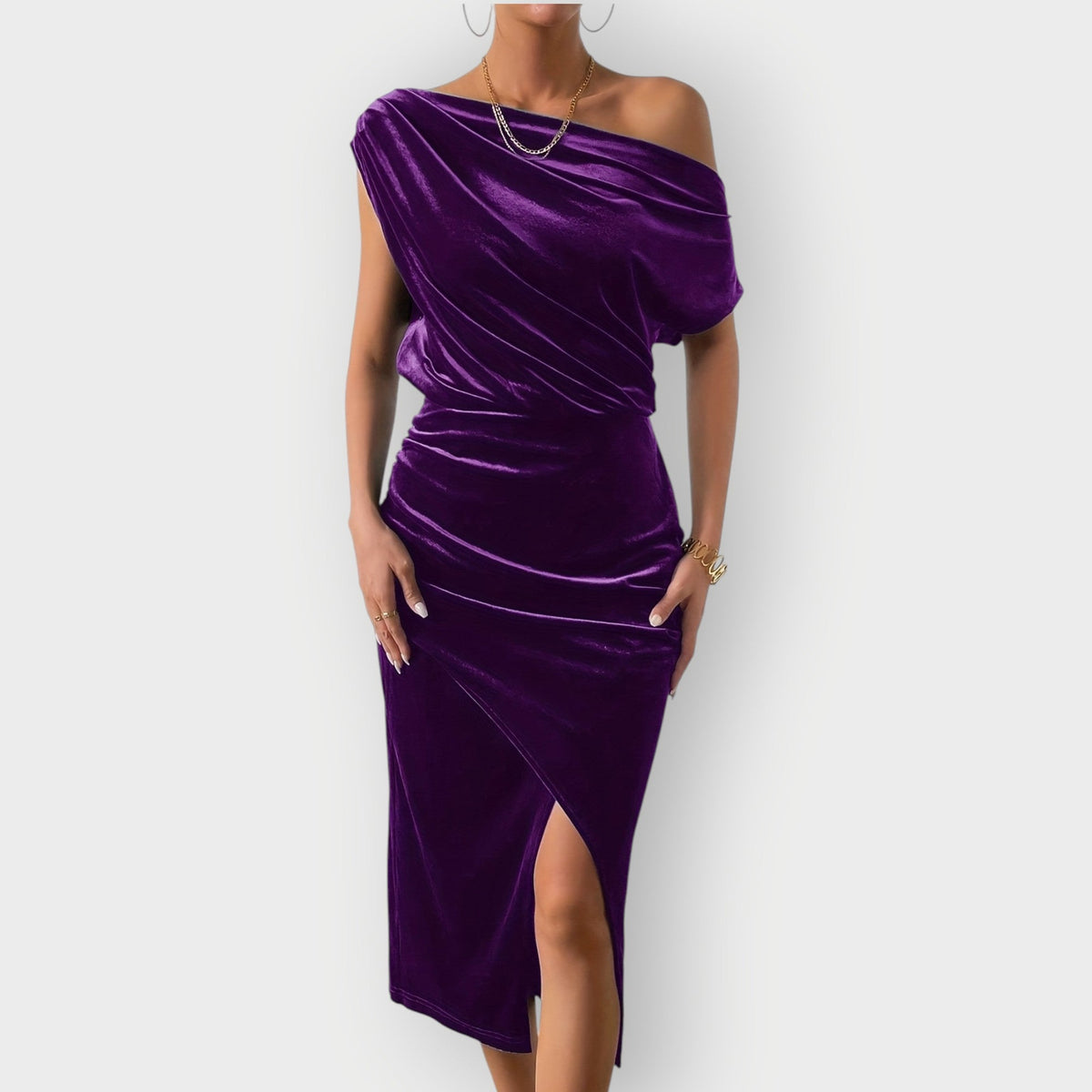 Meira Off Shoulder Ruched Midi Dress - Purple