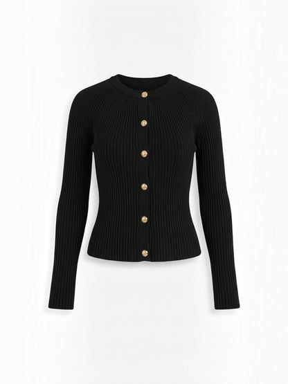 Melaine Ribbed Gold Button Cardigan - Black