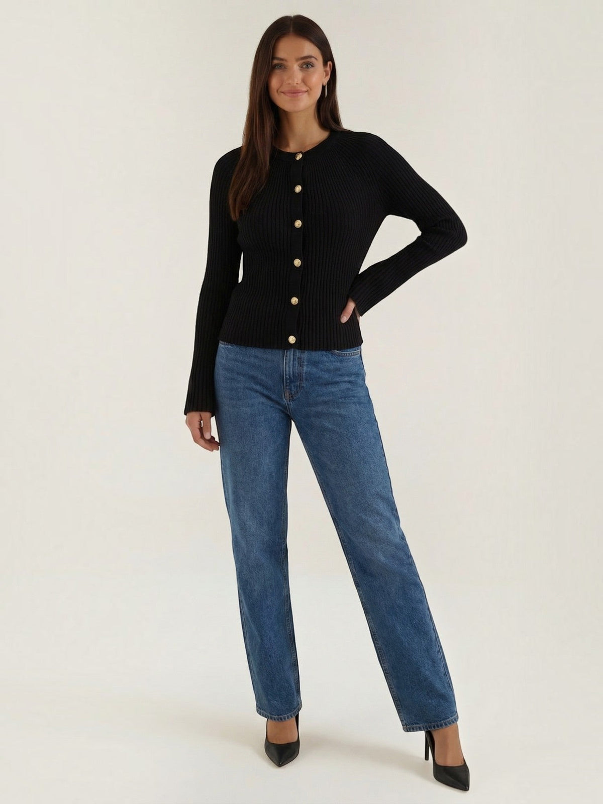 Melaine Ribbed Gold Button Cardigan - Black