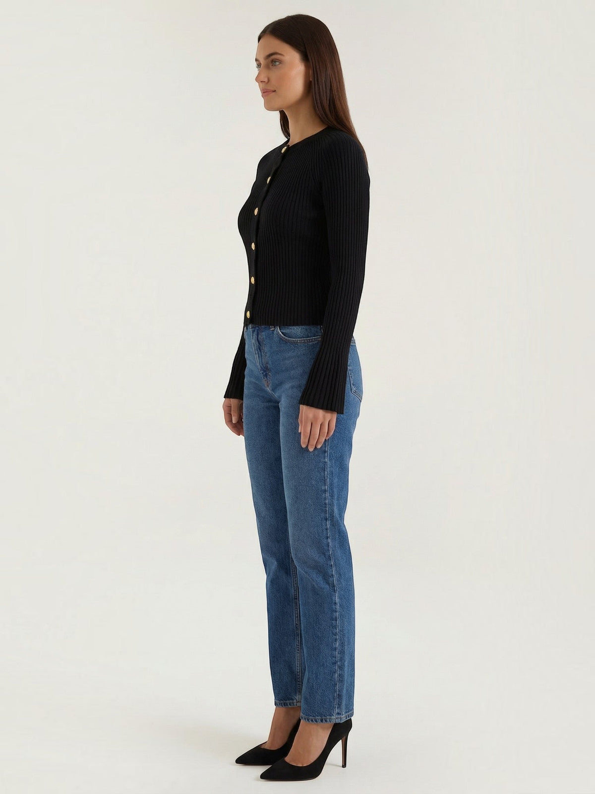 Melaine Ribbed Gold Button Cardigan - Black