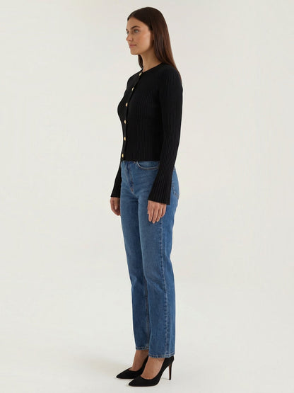 Melaine Ribbed Gold Button Cardigan - Black
